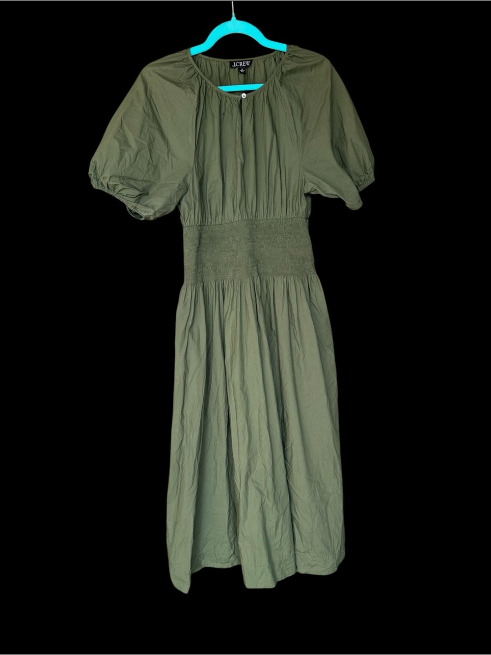 J. Crew Olive Green Midi Dress with Smocked Waist Size Medium - Picture 5 of 11
